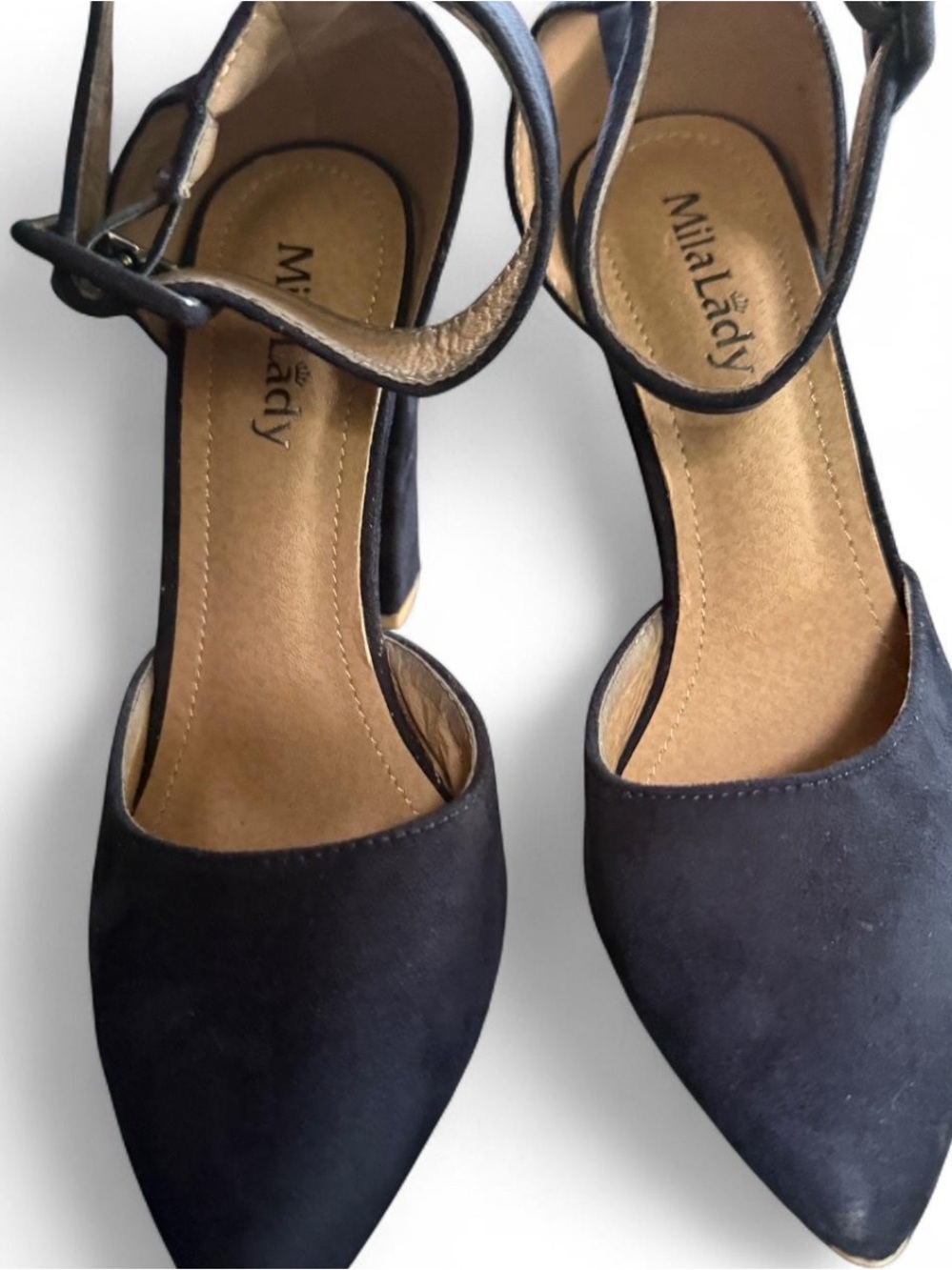 Mila Lady Navy Pointed-Toe Ankle Strap Heels